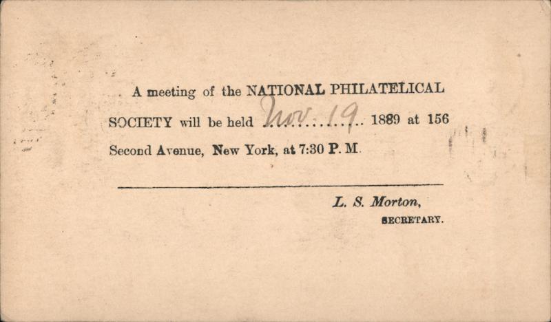 National Philatelical Society Meeting Notice Nov 19, 1889 New York