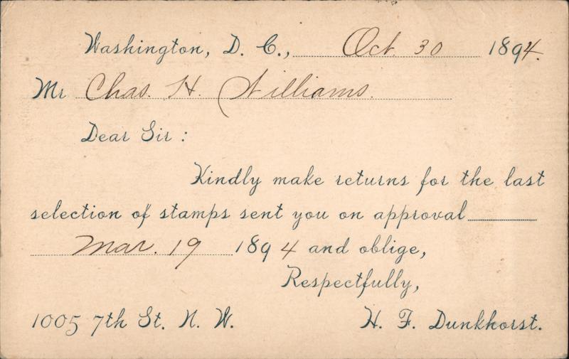 1894 Order from Stamp Dealer H. F. Dunkhoust Postal Cards & Correspondence