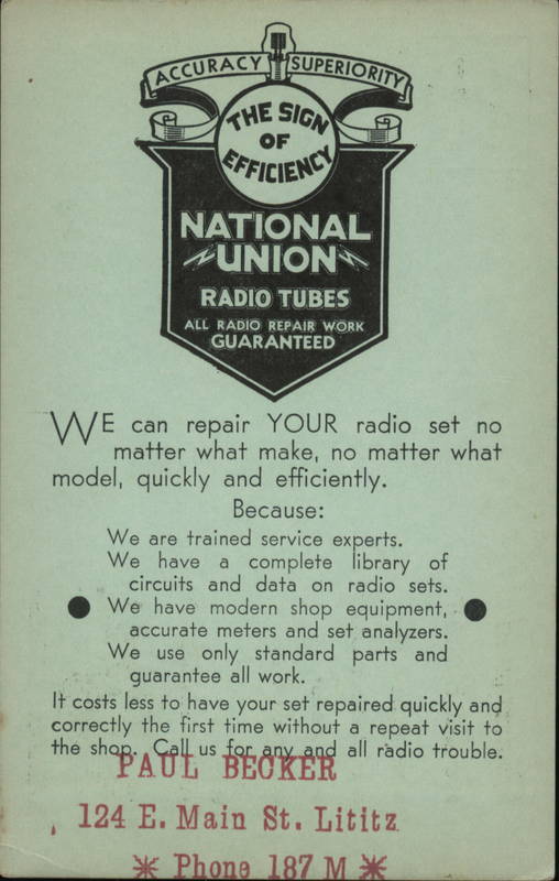 National Union Radio Tubes - Radio Set Repair Advert Lititz Pennsylvania