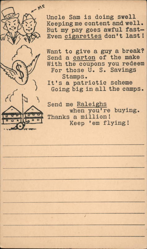 Patriotic Poem US government Request For Ralieghs Cigarettes for Troops
