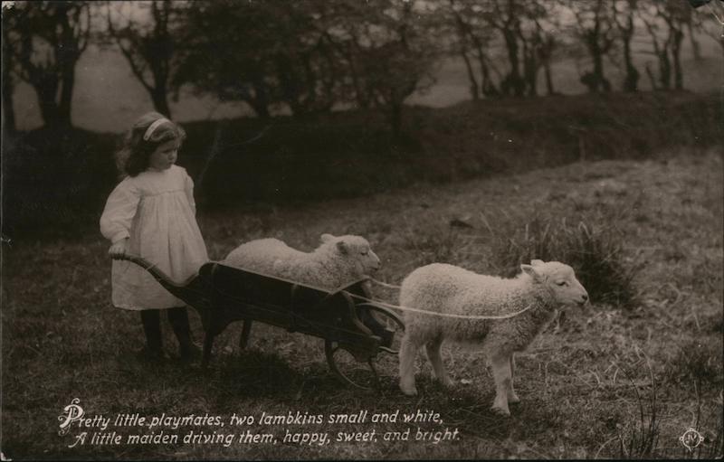 Young Girl Driving Lambs with Poem Children