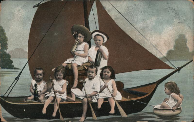 Multiple Children On Sailboat and Pot 1900s French Art