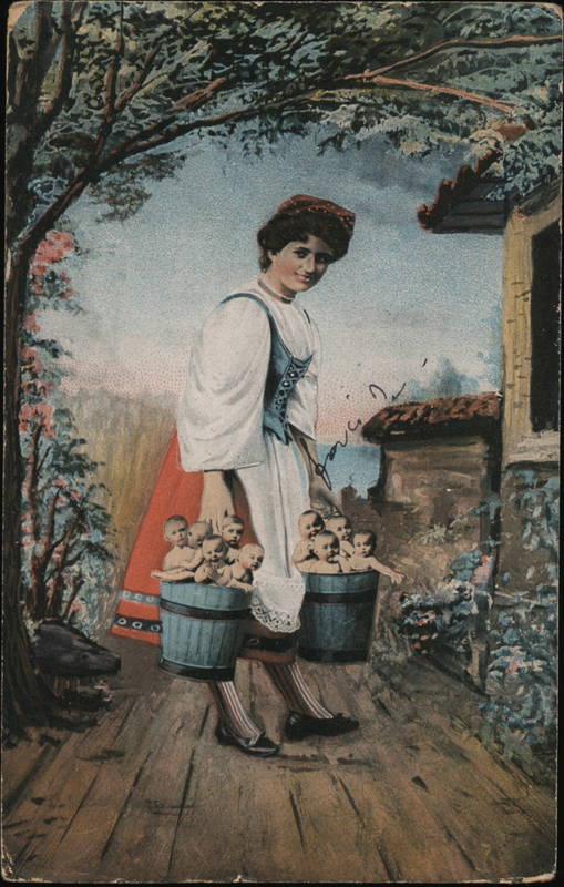 Woman carrying Buckets of Babies Multiple Babies