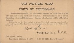 Tax Notice, 1927 Ferrisburg, VT Postcard Postcard Postcard