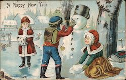 A Happy New Year, snowman, Children Postcard