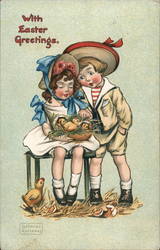 With Easter Greetings - Boy and Girl with Baby Chicks With Chicks Postcard Postcard Postcard