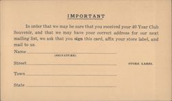 Forty-Year Customer Souvenir Claim Card Postcard