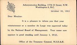 Reinstatement Message from Office of the Treasurer General Postcard