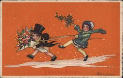 "Good Year" - Young Girl in Snow Holding a Branch and Reigns around a Young Boy in Suit Jacket with Boquete and Top Hat Postcard