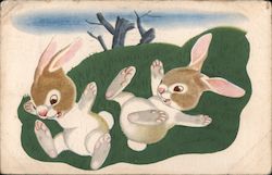Painting of Bunnies Jumping Down a Hill Postcard