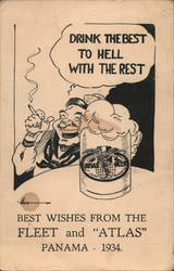 1934 Comic Best Wishes From The Fleet and "Atlas" Panama Postcard