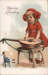 Little Girl in Red Polka Dot Dress Playing With a Mandolin Postcard