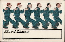 Drawing of Men in Striped Prison Uniforms Lined Up Postcard