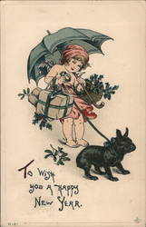 Cherub With French Bull Dog wishing You a Happy New Year Postcard