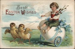 Best Easter Wishes - Child Riding on Giant Egg pulled by Chicks Postcard