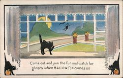 Black Cat in Window and Witch on Broom in Background Halloween Postcard Postcard Postcard