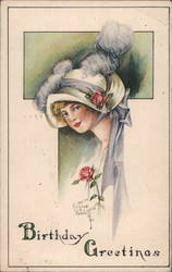 Birthday Greetings Woman with Feathered Hat Postcard