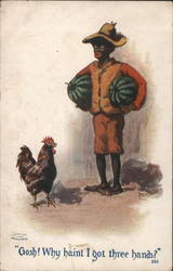 boy holding two watermelons, with a chicken Postcard