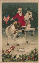 Santa On Horse Holding an American Flag Santa Claus Postcard Postcard Postcard