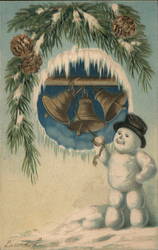 Snowman Ringing Christmas Bells Postcard