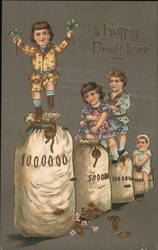 A Happy New Year Children Holding Clover While Standing on Bags of Money Postcard