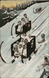 Multiple Babies Going Down Hill on Sleigh French Circa 1900s Postcard