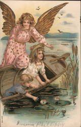 Angelic mother and her two children on a small boat Postcard