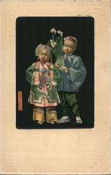 Traditionally clothed Asian Children with Flowers Postcard