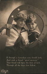 "Lucky Sailor Boys" Young Boys Dressed as Sailors Looking Through Large Horseshoe with Short Poem Postcard