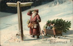 Santa With Sled Looking at Direction Sign Postcard