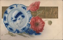 Flower Red Petals Embossed Head Inside Circle Greetings & Wishes Posted Postcard German Postcard