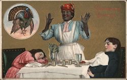 Thanksgiving Greetings Two Children Asleep at Table and Maid Postcard