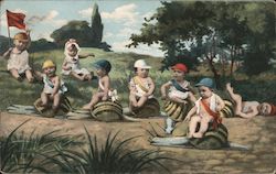 Babies Wearing Hats and Sachets In a Snail Race Postcard