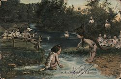 Child Helping Foriegn Children from Other Side of Stream Postcard