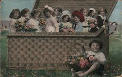 Basket full of flowers and children. Postcard