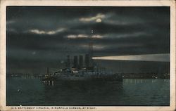 U.S. Battleship Virginia, in Norfolk Harbor, At Night. Postcard