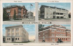 Masonic Temple, Elks' Home, U.P. Club House, High School Rock Springs, WY Postcard Postcard Postcard