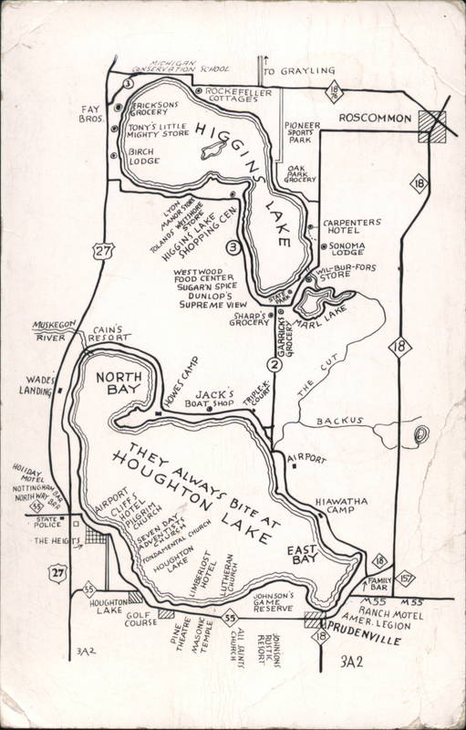 Maps of Higgins and Houghton Lakes Michigan Postcard