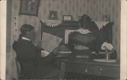 Couple At Piano, Reading Newspaper Riverside Daily Press California Postcard Postcard Postcard