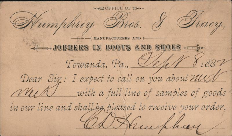 Humphrey Bros. Boots & Shoes Towanda Pennsylvania Postal Cards & Correspondence