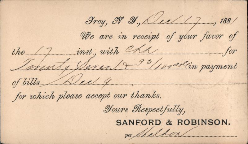 Sanford & Robinson Remittance Receipt 1881 Troy New York