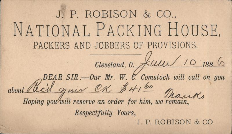 J. P. Robison & Company National Packing House Remittance Receipt Cleveland Ohio