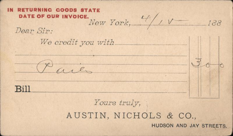 Austin, Nichols & Co. Receipt New York City Postal Cards & Correspondence