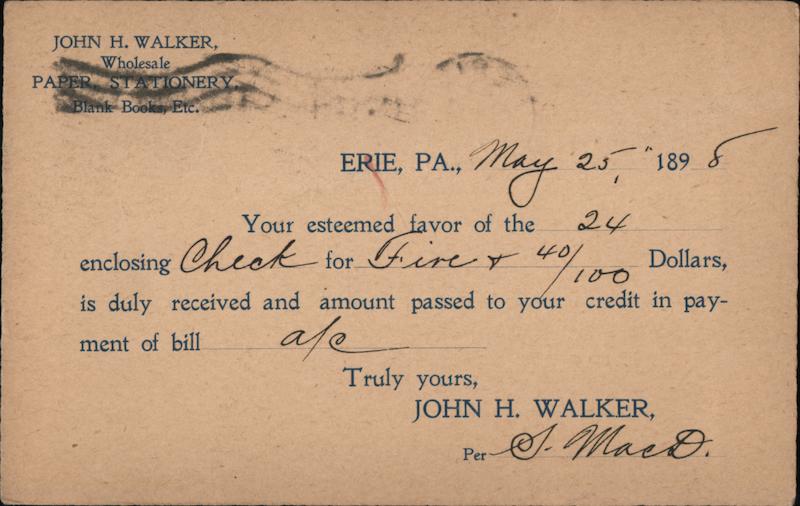 John H. Walker Wholesale Remittance Receipt 1895 Erie Pennsylvania