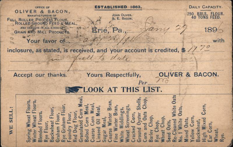 Oliver & Bacon Erie, PA Postal Cards & Correspondence Postcard