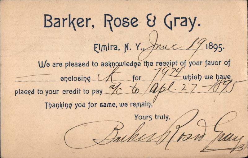 Baker, Rose & Gray Remittance Receipt 1895 Elmira New York