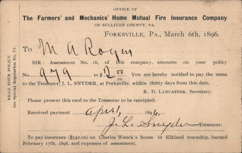 Office of The Farmers' and Mechanics' Home Mutual Fire Insurance Company Forksville Pennsylvania