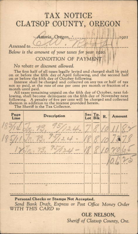 Tax Notice Clatsop County 1921 Oregon Postal Cards & Correspondence