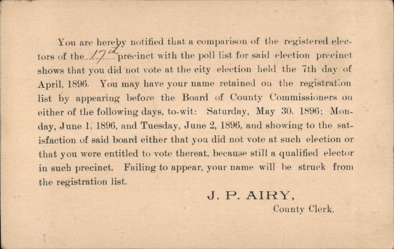 J. P. Airy County Clerk Voter Registration Postal Cards & Correspondence