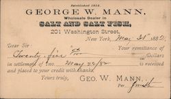 George W. Mann Salt and Salt Fish Wholesaler Remittance Receipt 1882 Postcard